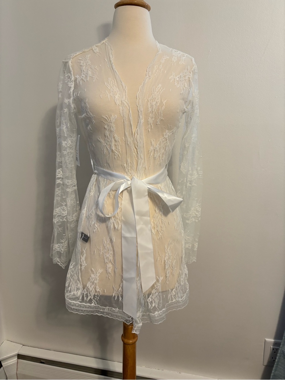 Sheer White Lace Robe with Satin Waist Tie